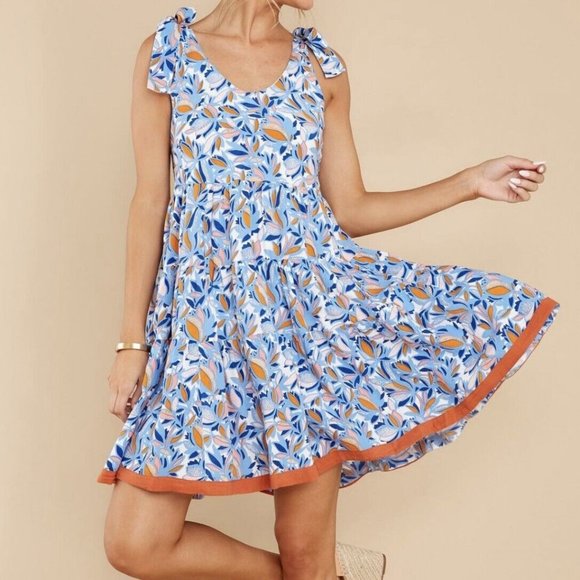 THML Dresses & Skirts - THML Women’s Mariana Blue Floral Dress Tie Bow Straps Size L